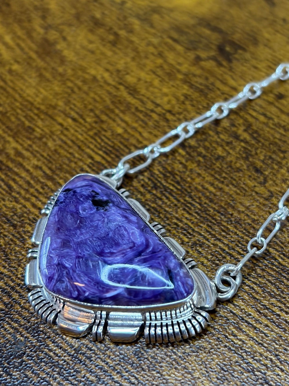 Allen Lee Signed Navajo Handmade Sterling Silver Charoite Necklace
